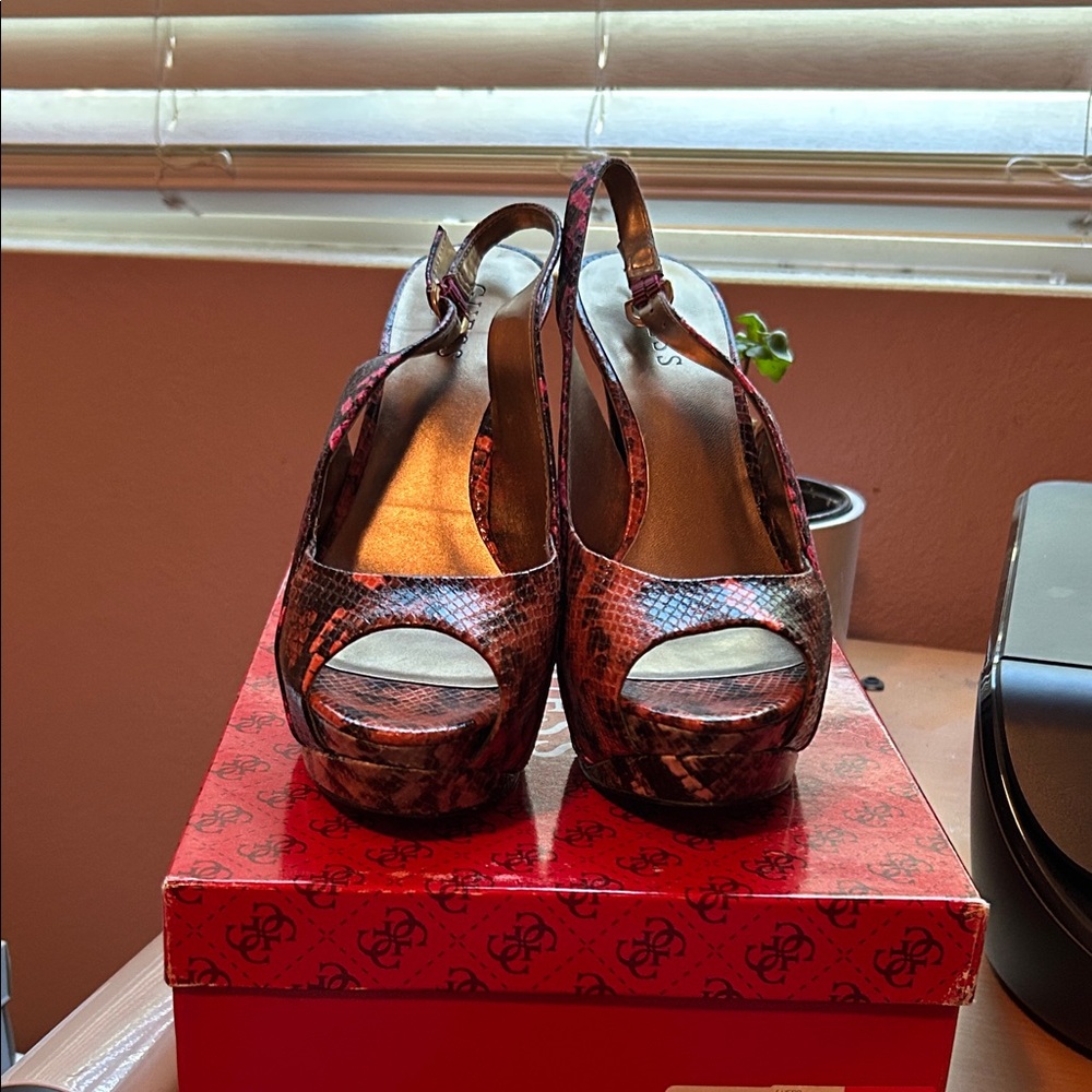 Guess Red and Black Snakeskin Peep-Toe Heels